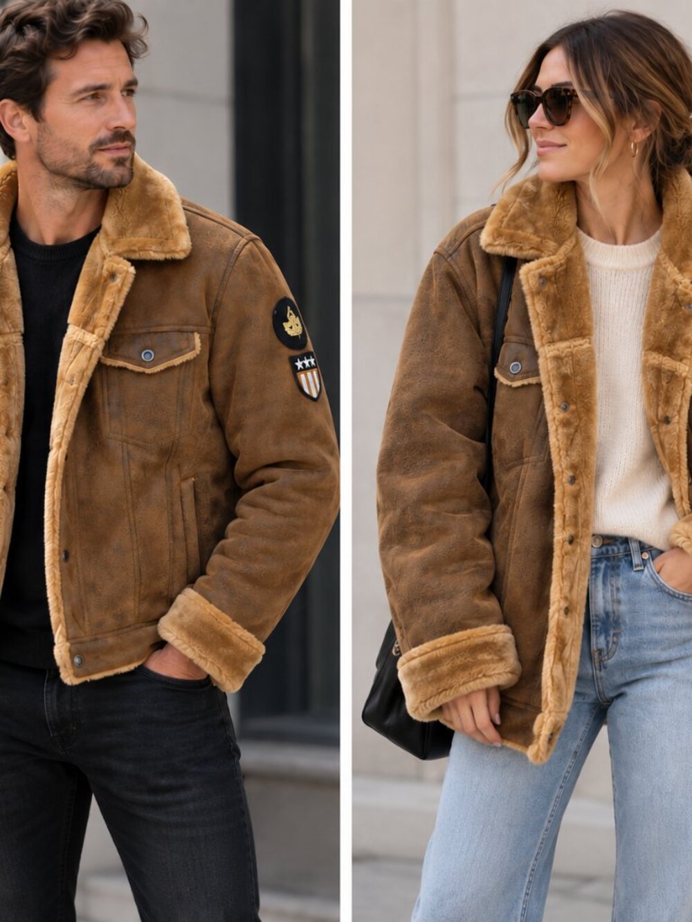 Vintage-Style Brown Shearling Aviator Jacket – Men’s L / Oversized Women’s